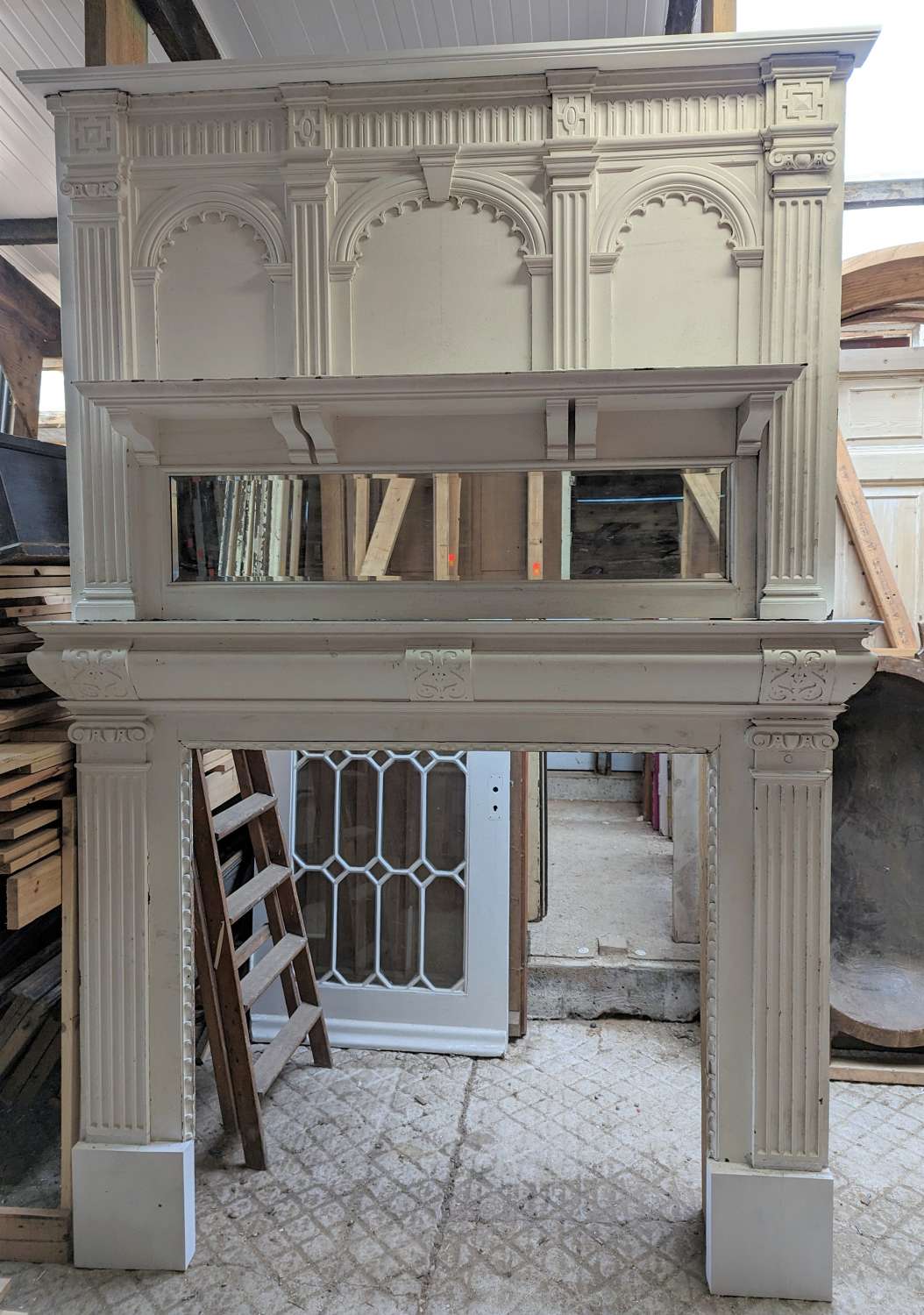 FS0264 A VERY LARGE EDWARDIAN PAINTED PINE FIRE SURROUND WITH MIRROR