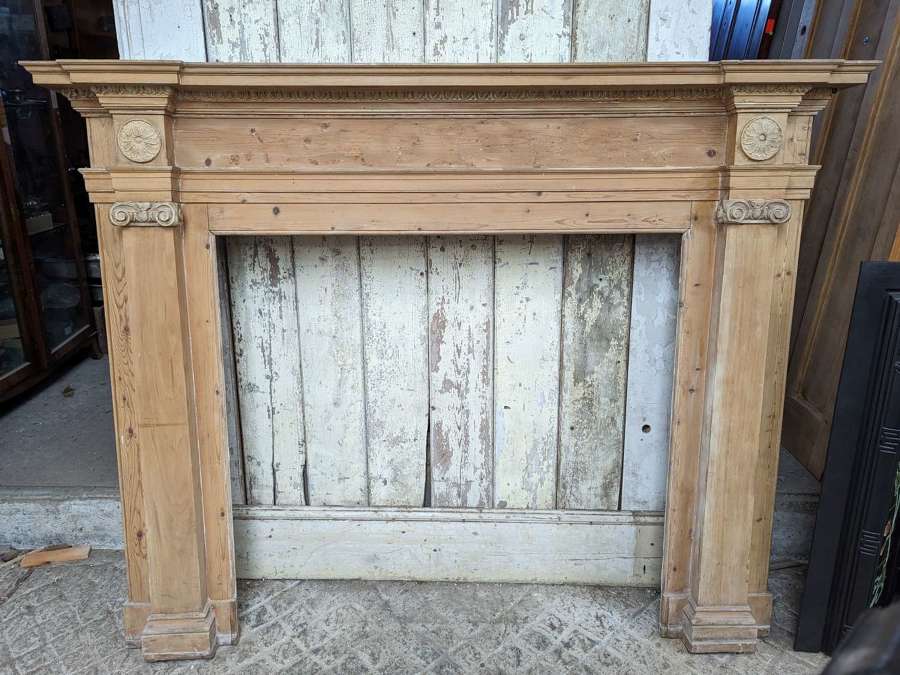 FS0275 RECLAIMED LARGE VICTORIAN CARVED & GESSO PINE FIRE SURROUND