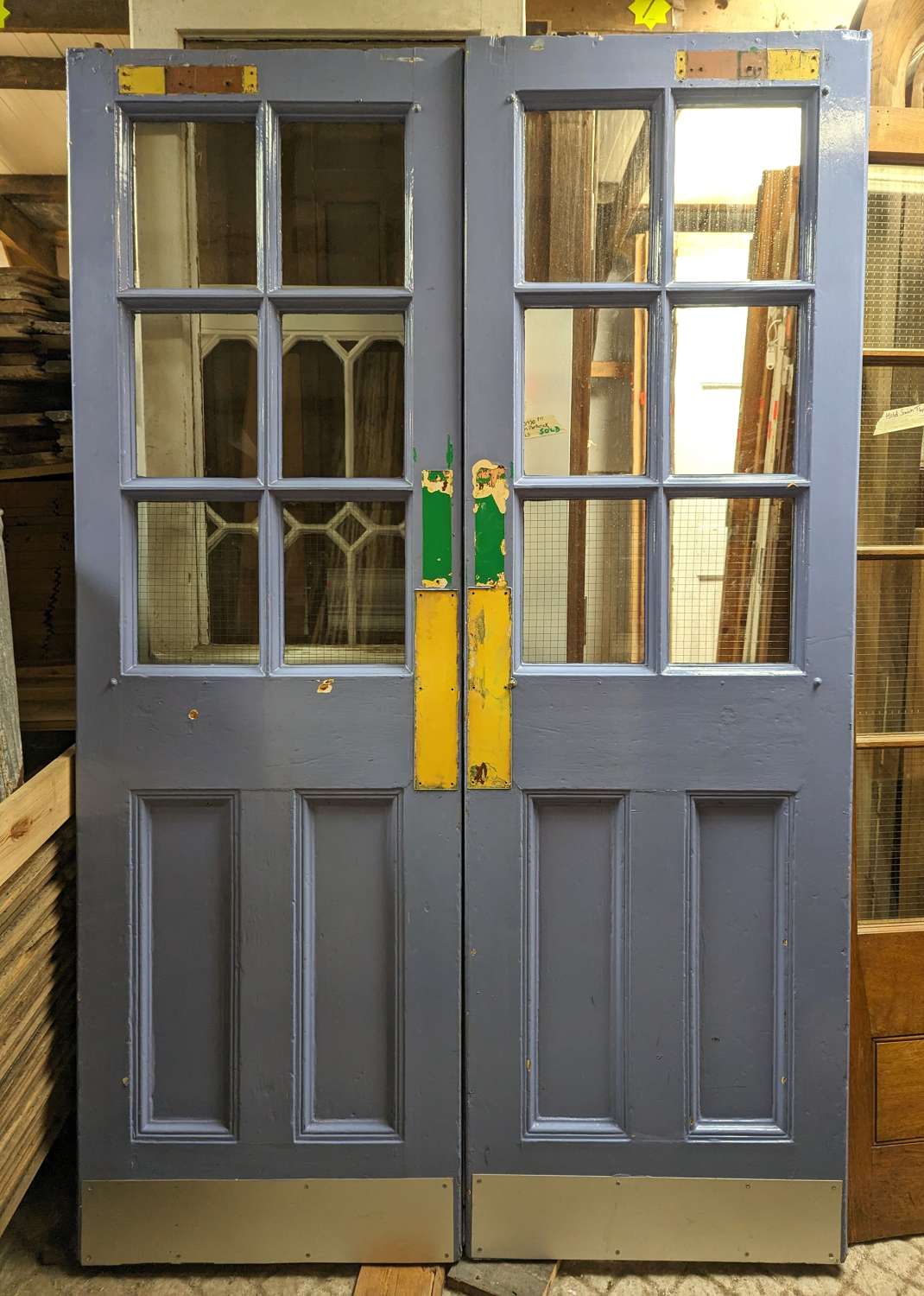 DP0475 A PAIR OF RECLAIMED PAINTED PINE GLAZED DOORS