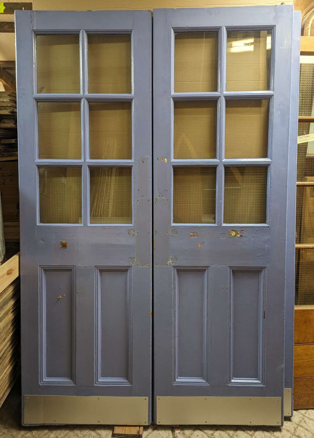 DP0476 A PAIR OF RECLAIMED PAINTED PINE GLAZED DOORS
