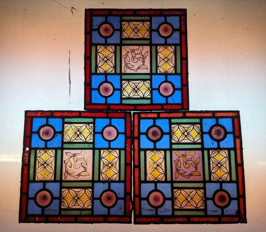 M1903 THREE PRETTY VICTORIAN HAND PAINTED STAINED GLASS PANELS