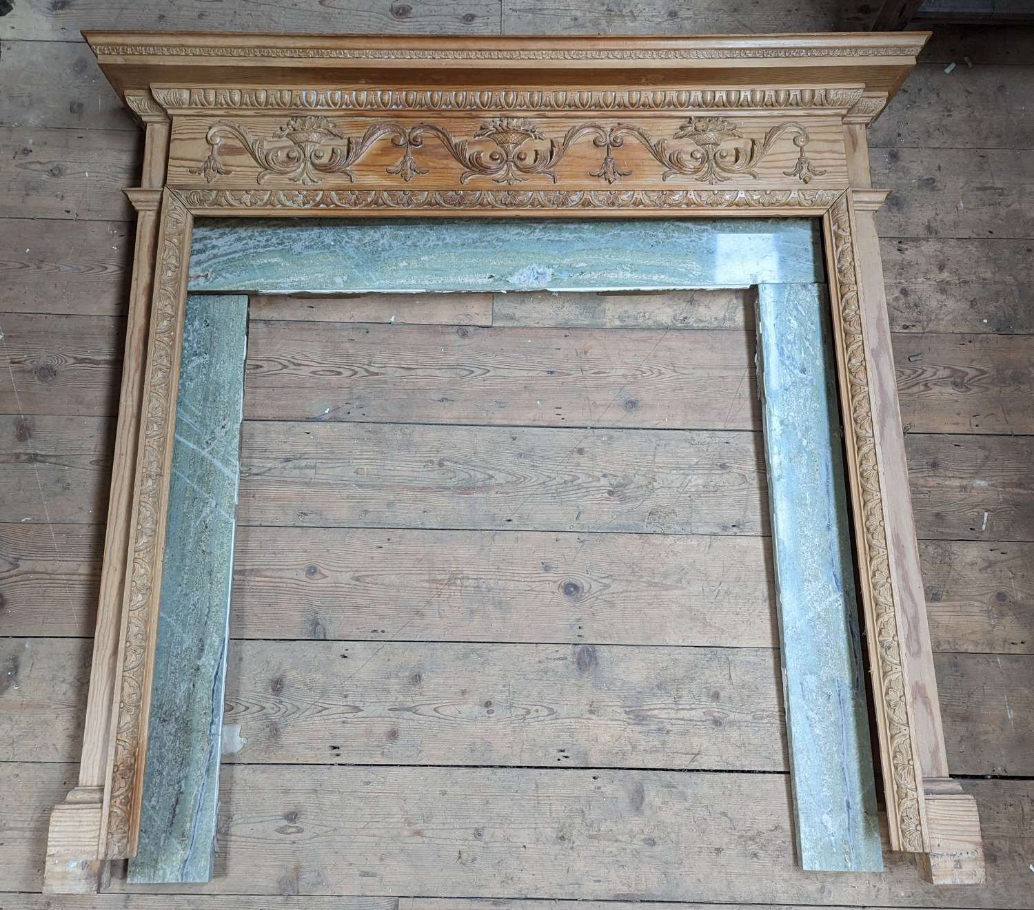FS0290 RECLAIMED DECORATIVE CARVED PINE FIRE SURROUND WITH MARBLE
