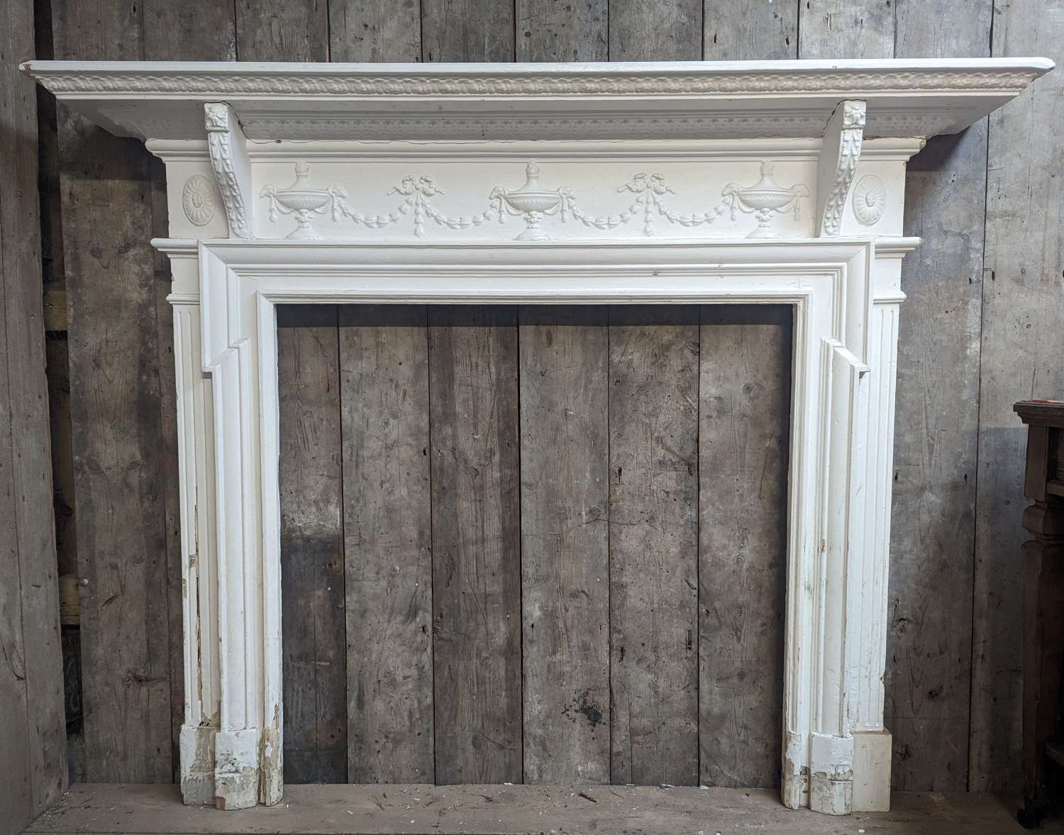 FS0291 LARGE RECLAIMED VICTORIAN PAINTED PINE AND GESSO FIRE SURROUND