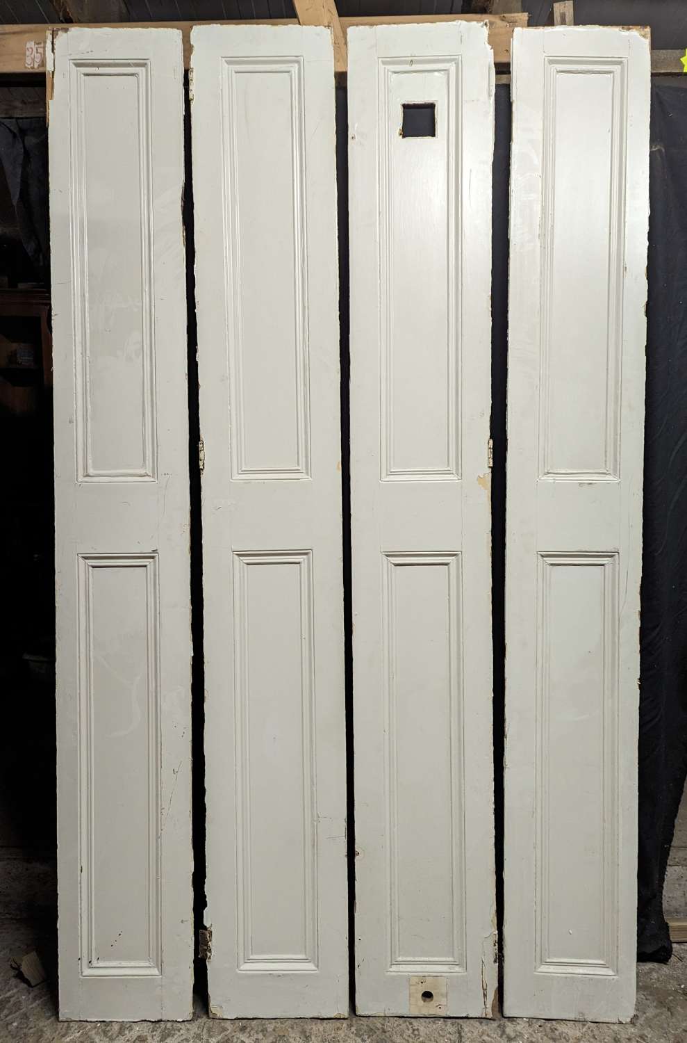 CS0143 A SET OF FOUR TALL RECLAIMED PAINTED PINE VICTORIAN SHUTTERS