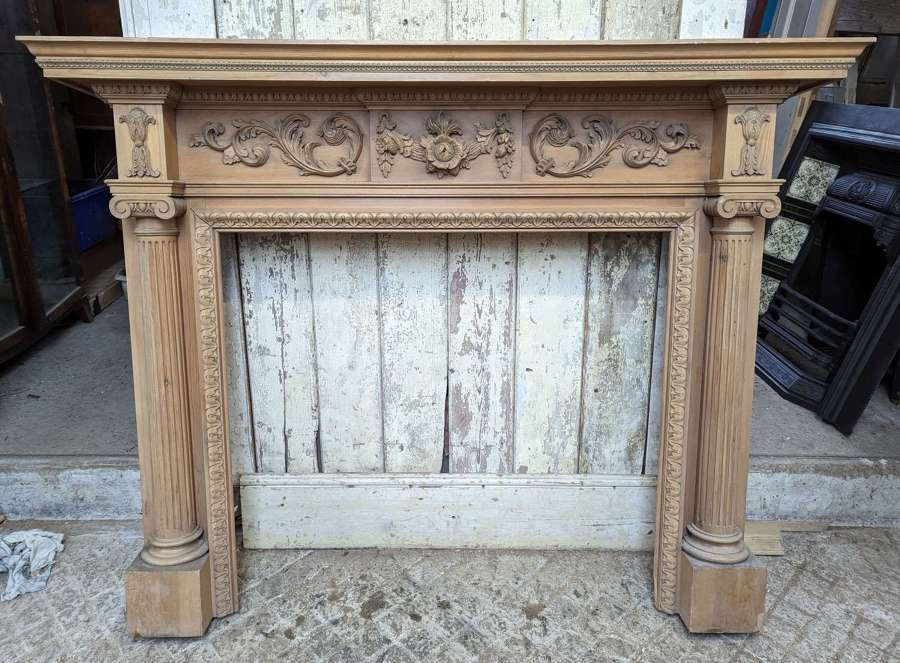 FS0297 A LARGE DECORATIVE RECLAIMED CARVED PINE FIRE SURROUND