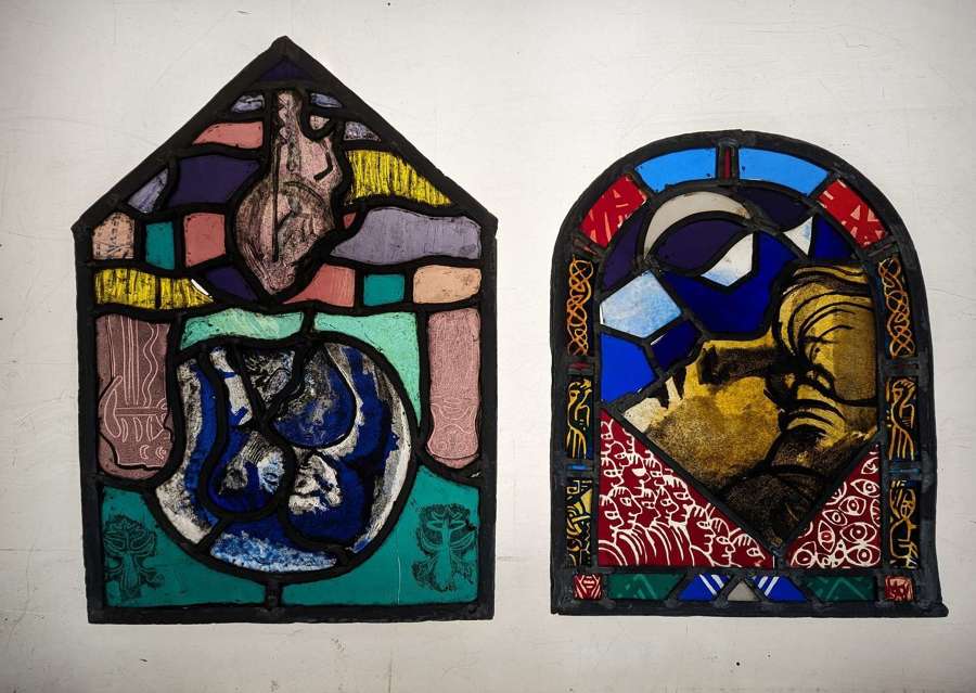 M1922 TWO INTERESTING RECLAIMED HAND PAINTED STAINED GLASS PANELS