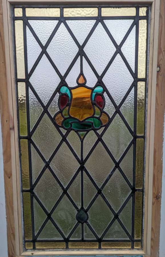 DI0918 A PETITE RECLAIMED PAINTED PINE DOOR WITH STAINED GLASS
