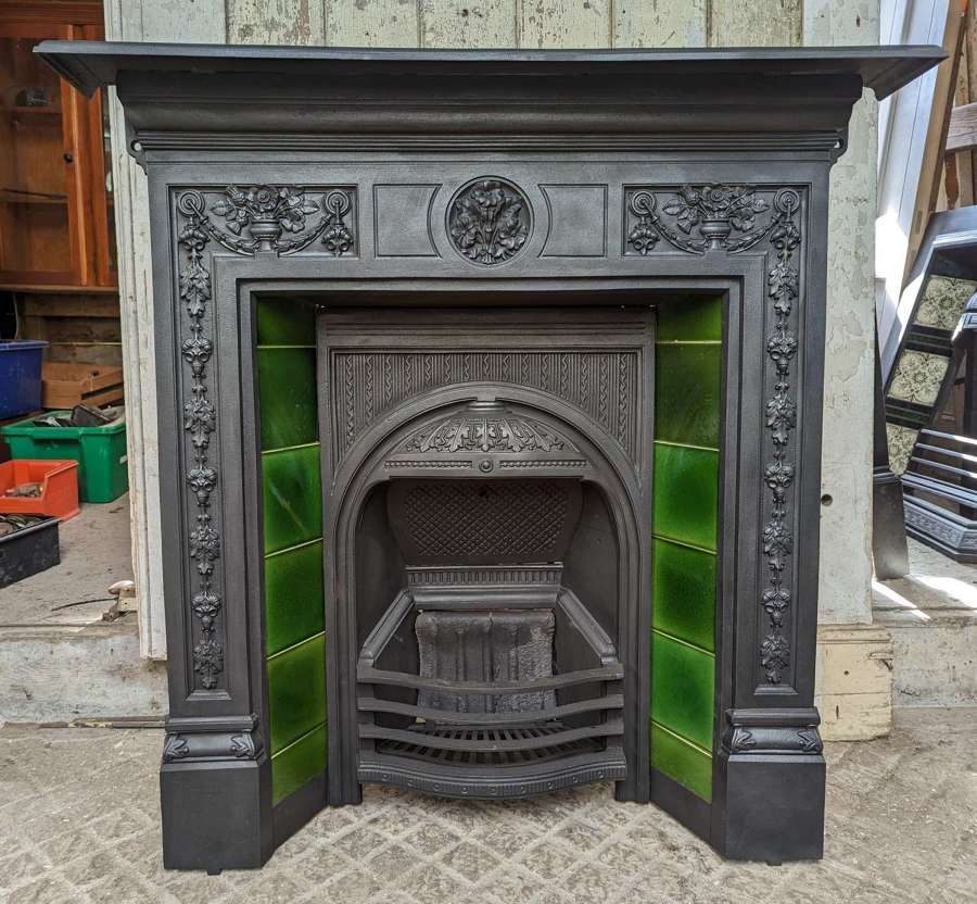 FC0212 A RECLAIMED VICTORIAN CAST IRON GREEN TILED COMBINATION FIRE