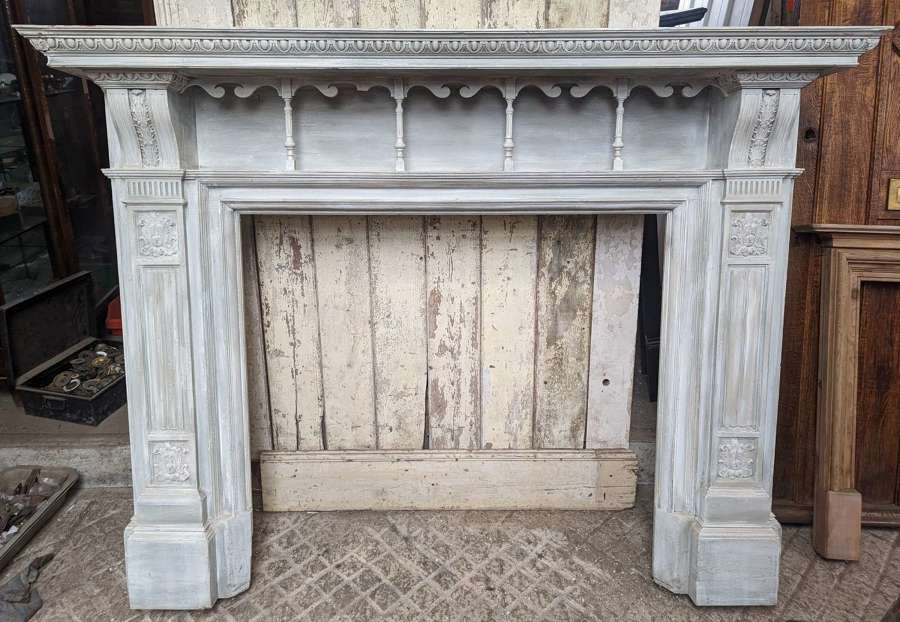 FS0322 LARGE RECLAIMED CARVED & GESSO PAINTED PINE FIRE SURROUND