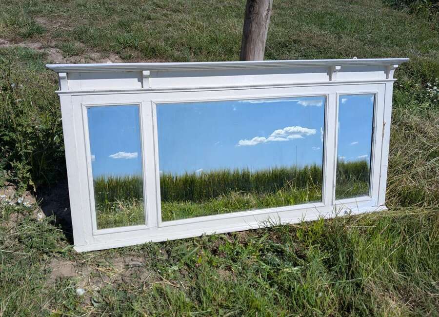 M2113 A RECLAIMED PAINTED WOODEN OVERMANTEL MIRROR WITH BEVELLED GLASS