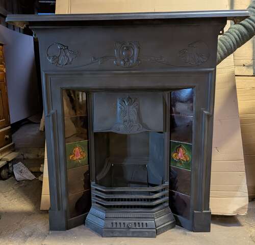 FC0259 ATTRACTIVE RECLAIMED ART NOUVEAU ANTIQUE TILED CAST IRON COMBINATION FIRE