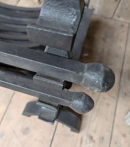 FB0189 A RECLAIMED CAST IRON SWANS NEST FIRE BASKET & LARGE FIRE DOGS