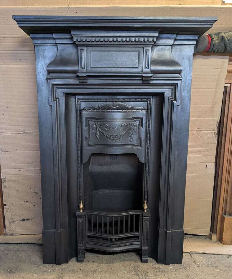 FC0265 A TALL RECLAIMED CAST IRON COMBINATION FIRE WITH CLAY FIRE BACK & STOOL