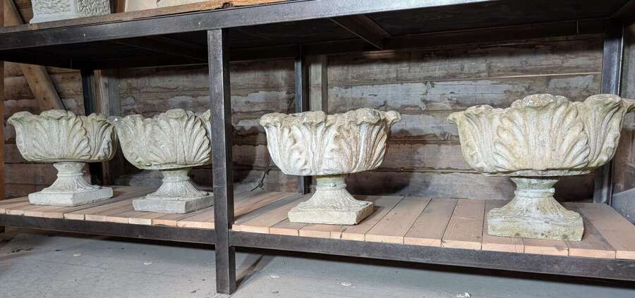 M2348 A SET OF FOUR DECORATIVE RECLAIMED CAST STONE GARDEN URNS / PLANTERS